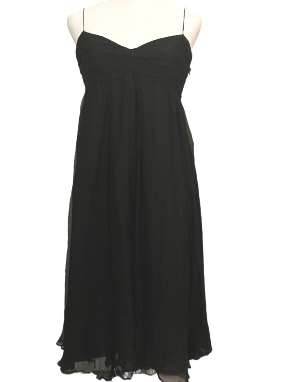 Zara Black Silk Sheer Layer Empire-Waist Lettuce Hem Flowy Midi Dress Size Small